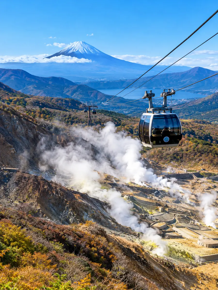 Gondel der Hakone-Seilbahn über dem dampfenden Tal von Owakudani mit dem Mt Fuji am Horizont