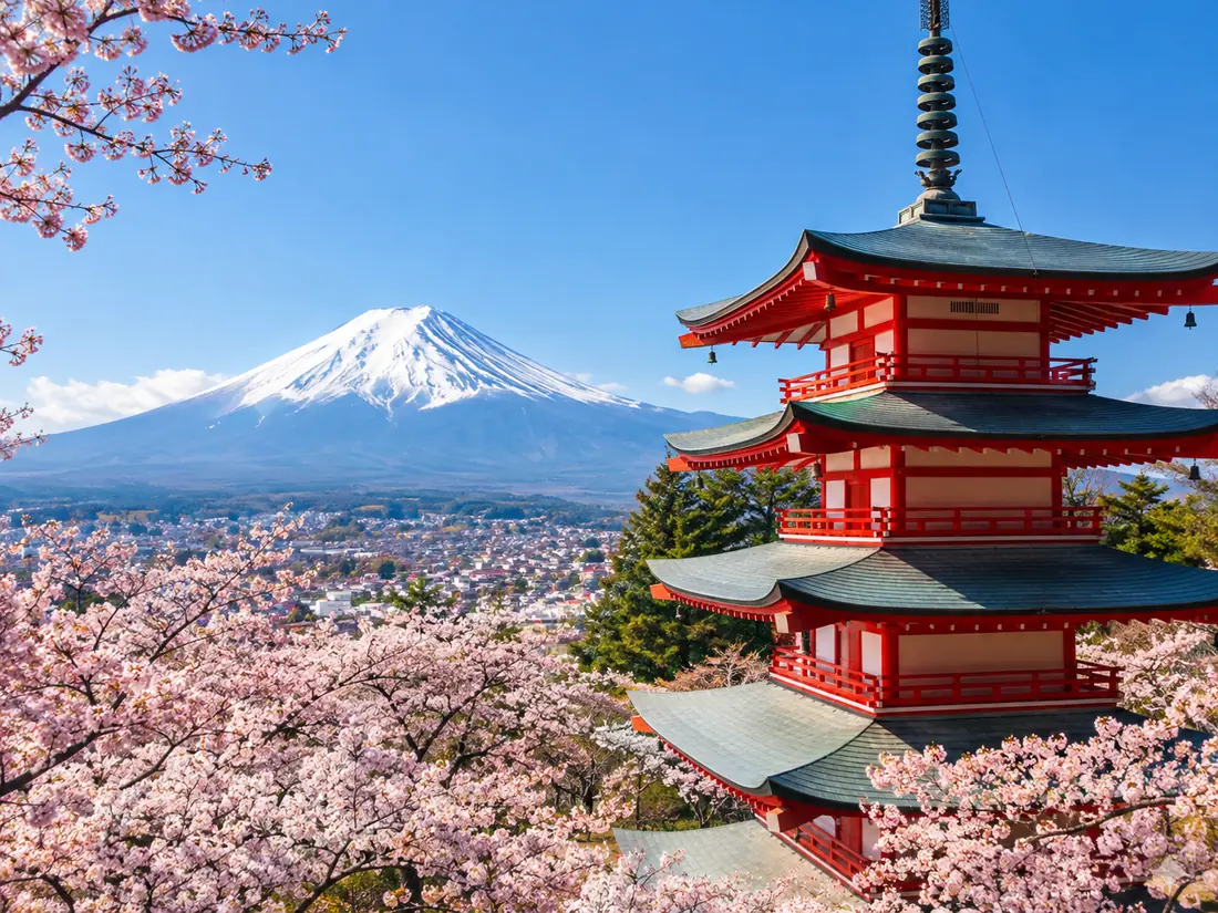 Die Chureito Pagoda in Fujiyoshida vor dem schneebedeckten Mt Fuji mit Kirschblüten