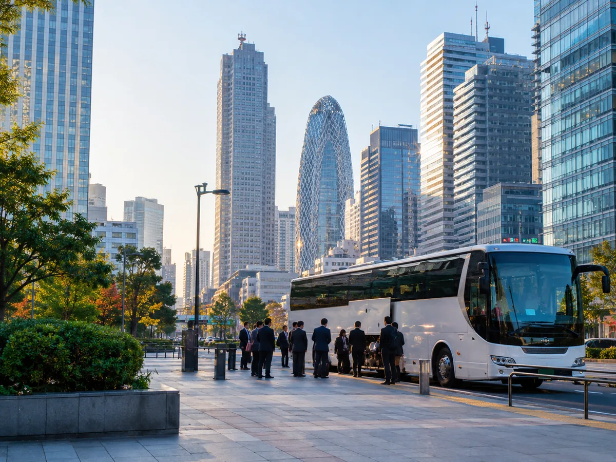 Ein Reisebus parkt in den frühen Morgenstunden neben Wolkenkratzern in Shinjuku